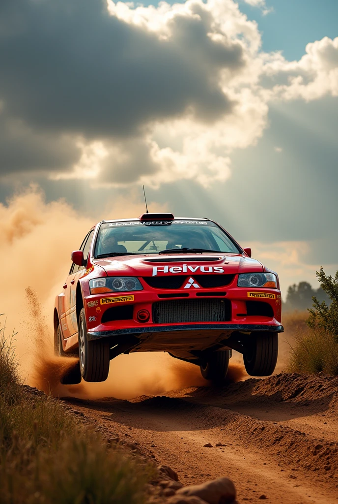 arafed red mitsubishi evo 6 rally car driving on dirt road with clouds in background, motorsports photography, rally driving photo, car jumping, dirt and grawel in air, rally car, car jump, off - road, leaping into the air, kicking up dirt, motor sport photography, vehicle photography, leaping, flying mud, action sports photography, action photography, trophy truck