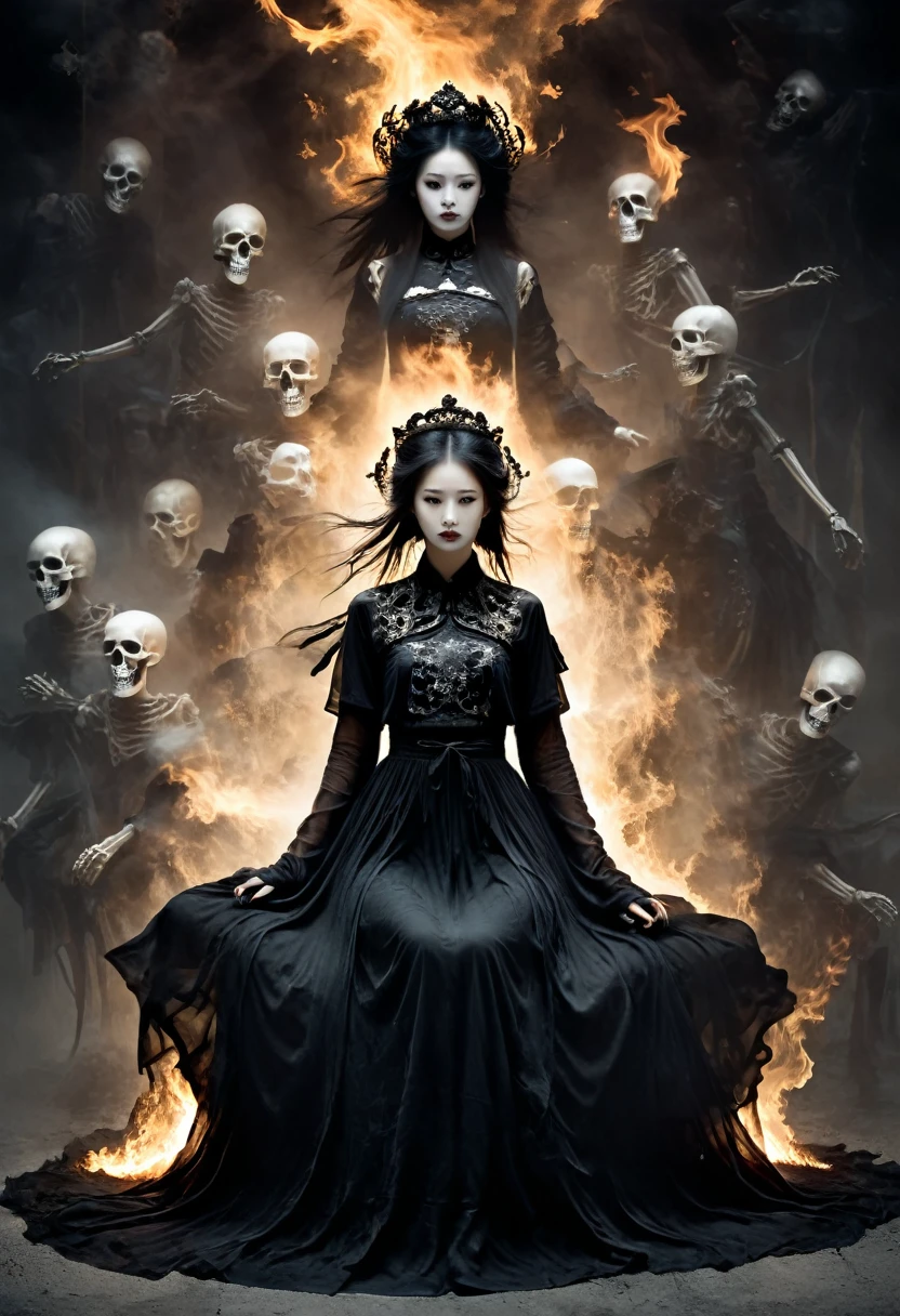 The picture is symmetrical, Symmetrical artistic double exposure style, Volumetric Lighting, Lean forward,light depth, Dramatic atmospheric lighting, Volumetric Lighting, Ghosting effect, Image combination,
(Practical, photoPractical),The girl sits on the throne, and Black flames spread around her from the center
(Black:1.2)
The girl is wearing a Hanfu made up of Black ghosts and skeletons. The Black ghosts and skeletons surround the girl, with Black flames burning and ghosts all around.