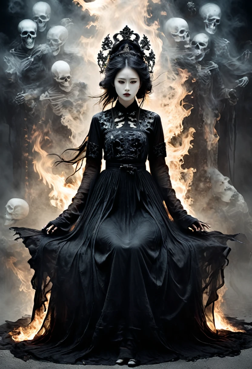 The picture is symmetrical, Symmetrical artistic double exposure style, Volumetric Lighting, Lean forward,light depth, Dramatic atmospheric lighting, Volumetric Lighting, Ghosting effect, Image combination,
(Practical, photoPractical),The girl sits on the throne, and Black flames spread around her from the center
(Black:1.2)
The girl is wearing a Hanfu made up of Black ghosts and skeletons. The Black ghosts and skeletons surround the girl, with Black flames burning and ghosts all around.