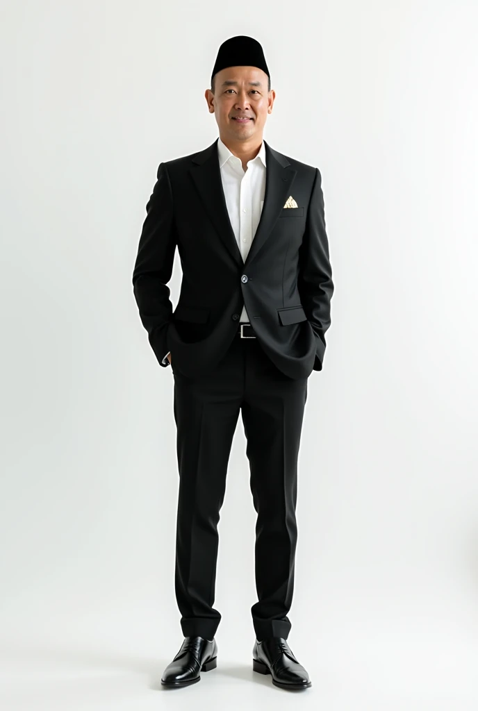 Create the best image, a stout man wearing a black suit and white shirt wearing black pants, wearing a black songkok, approximately 40 years old, with a white background,