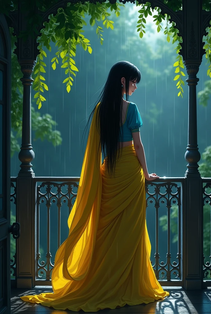 **"Create a illutrastive or digital painting of a serene scene where a beautiful fairy tale princess ( woman ) (anime) stands on a balcony in the rain. She is dressed in a traditional YELLOW saree with a blue blouse, and her long black hair is wet from the rain. The balcony has ornate wrought-iron railings, and behind her, strings of leaves hang, slightly wet from the downpour. A dim light glows softly in the background, adding to the melancholic yet peaceful atmosphere of the night. The overall color palette is muted and dark, with emphasis on the contrast between the woman's white saree and the dark rainy night."**