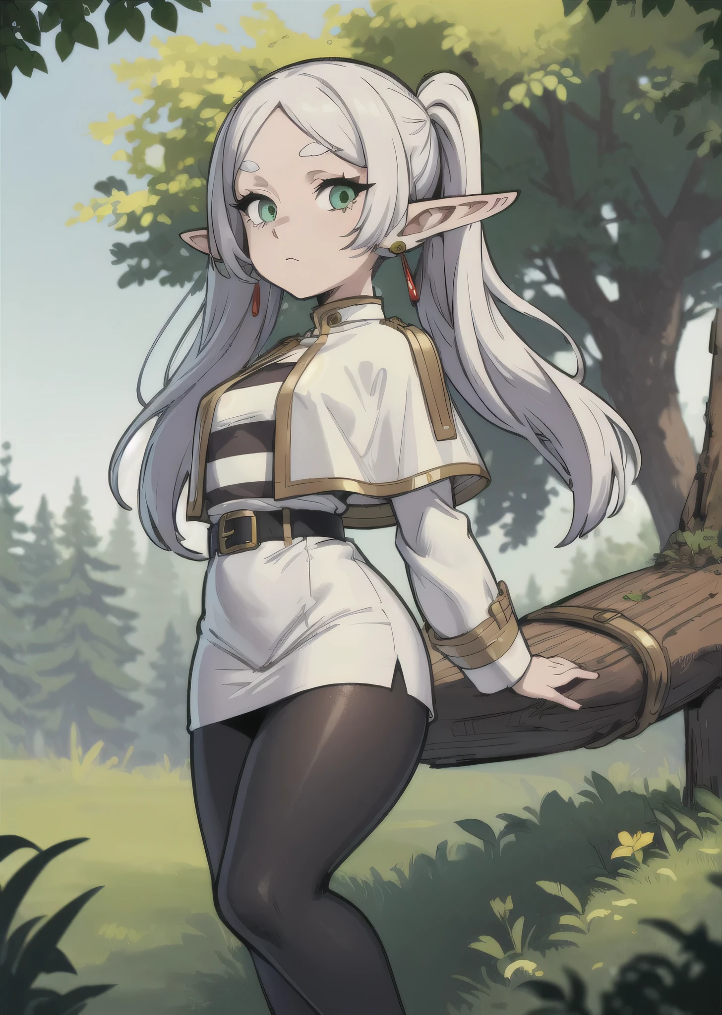 [FrierenBase], [Frieren], ((masterpiece)), ((HD)), ((High Res)), ((solo)), ((front view)), ((waist up)) ((detailed shading)), ((intricate details)), {(slim  figure), (smooth skin), (long white hair), (twintails), (elf ears), (curvy hips), (defined legs), (blank expression)}, {(earrings), (white capelet), (striped shirt), (horizontal stripes), (long sleeves), (brown belt), (white skirt), (gold-trim on skirt), (black pantyhose)}, {(arms behind back), (looking at viewer)}, [ambient lighting, outdoors, forest, sun rays]