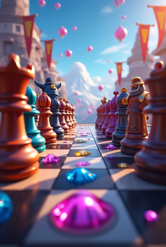 Chessboard in the clash royale theme seen from above with the chess pieces (but clash royale design), like before starting a chess game. Don't put the clash royale class towers. Always seen from above. I want to be able to see all the pieces of the game.