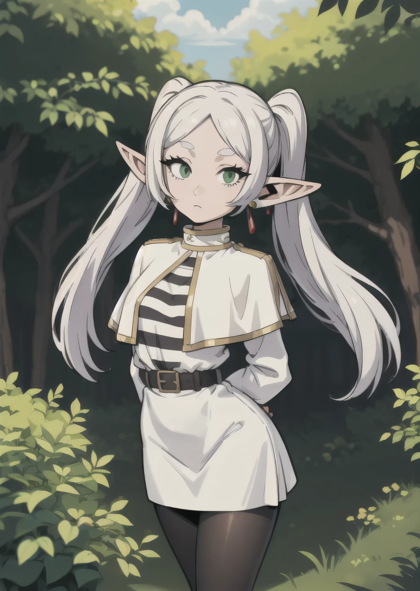 [FrierenBase], [Frieren], ((masterpiece)), ((HD)), ((High Res)), ((solo)), ((front view)), ((waist up)) ((detailed shading)), ((intricate details)), {(slim  figure), (smooth skin), (long white hair), (twintails), (elf ears), (curvy hips), (defined legs), (blank expression)}, {(earrings), (white capelet), (striped shirt), (horizontal stripes), (long sleeves), (brown belt), (white skirt), (gold-trim on skirt), (black pantyhose)}, {(arms behind back), (looking at viewer)}, [ambient lighting, outdoors, forest, sun rays]