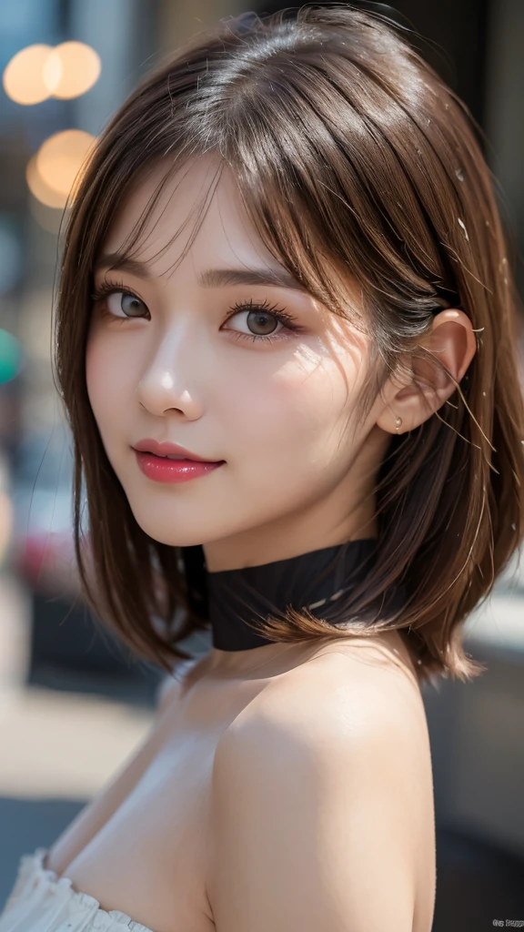(masterpiece:1.3), (16k, photorealistic, RAW photo, best quality: 1.4),absurdres, attractive, ultra high resolution, ultra realistic, highly detailed, golden ratio, ultra detailed, super fucking beautiful detailed face, natural makeup, detailed cloth texture, detailed hair texture, beautiful detailed fullbody, Perfect female body, accurate, Anatomically correct, Highly detailed face and skin texture, (beautiful hands), (realistic skin), (beautiful pale skin:1.1), (Perfect dynamic composition, looking at viewer, full body shot),
BREAK,
realistic eyes, beautiful detailed eyes, symmetric eyes, Light Brown eyes, Double eyelids, Thin eyebrows, (Glossy lips:1.4), ((A face with waiting for a kiss, Seductive smile:1.2)), (weat skin, blush:1.1),
BREAK,
((short hair, bob, Dark blonde hair, bangs:1.2)), (Daytime, Standing on the town:1.3), (Peplum top, Tulip skirt, Choker, Derby hat)