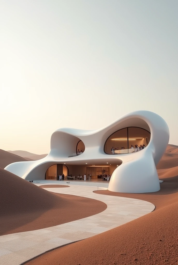 Volumetric design of an art gallery in the style of Zaha Hadid in a hot and dry climate