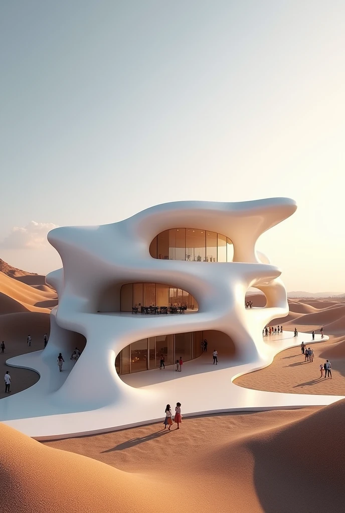 Volumetric design of an art gallery in the style of Zaha Hadid in a hot and dry climate