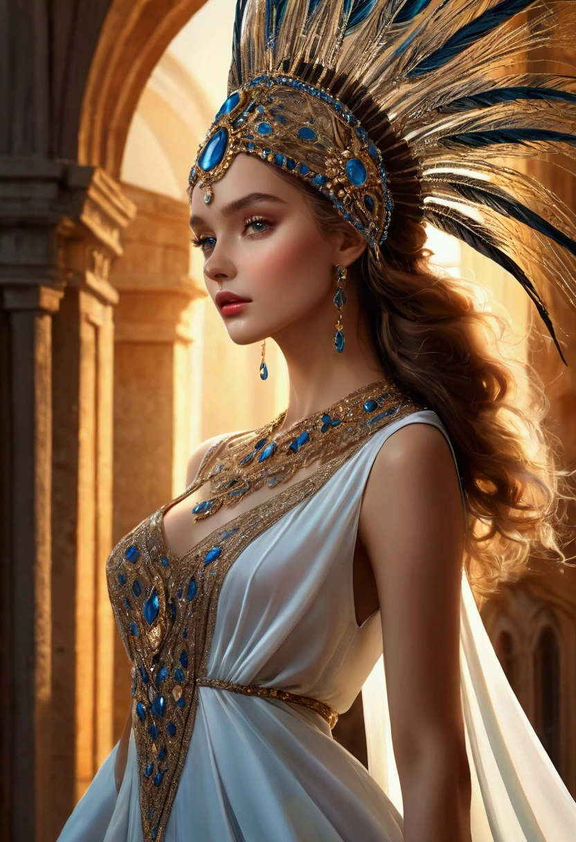 A beautiful Italian female model, grace, wearing Magical Realism style fashion design, High Fashion Editorial, Dramatic Lighting, Ethereal, Movie, ((Inspired by Megan Hess)), masterpiece, best quality, 8K, Extremely detailed, Reality, Dramatic shadows, Warm colors, Dramatic chiaroscuro lighting, fantasy, Magical Realism, Intricate and gorgeous details, Flowing fabrics, Dynamic poses, Fascinating eyes, Beautiful, Flawless skin, Luxury Jewelry, Complex headdress, Fascinating