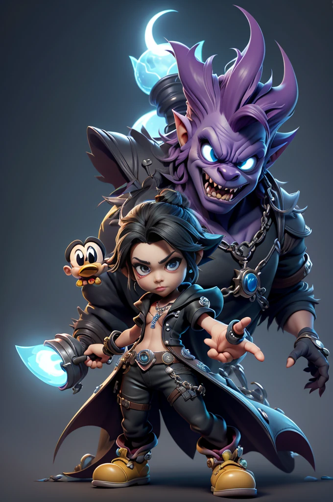 monstros estilos kingdom hearts, baseados em animais,3d style, shadown monster, demons, darkness monster, rayman legends, mickey mouse character style, girl and body, kingdom hearts, malhas leves e quentinhas, cores frias e alegres, portando espada magica, dark mouse in around, (raytrace), cabelo com tranças