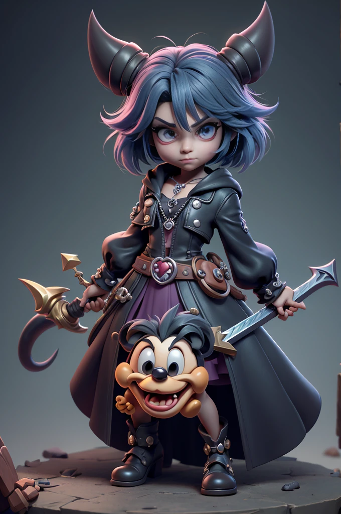 monstros estilos kingdom hearts, baseados em animais,3d style, shadown monster, demons, darkness monster, rayman legends, mickey mouse character style, girl and body, kingdom hearts, malhas leves e quentinhas, cores frias e alegres, portando espada magica, dark mouse in around, (raytrace), cabelo com tranças