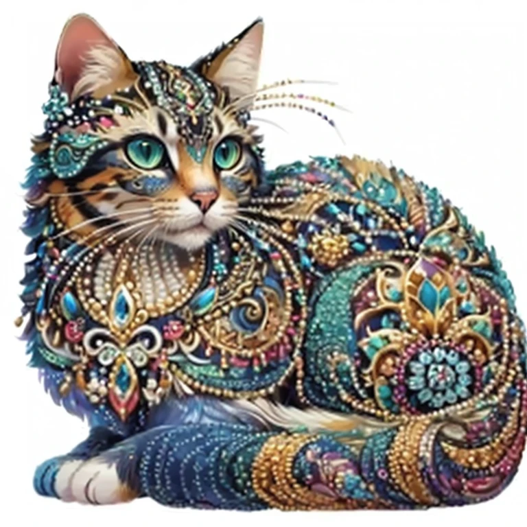 A cat with a colorful design on its body., Detailed cat, detailed beautiful animals, elegant cat, full of colors and rich details, cat seahorse shapeshifter, intricate Very detailed, feline, showy!! Very detailed, !!Very detailed, very very Very detailed, incredibly intricate, very very very Very detailed, beaded embroidery, beautiful queen pearl animal, también Very detailed