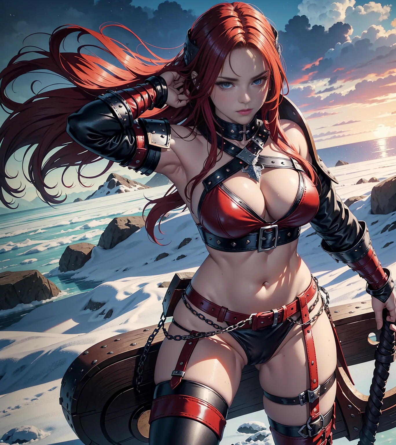 viking warrior with leather armor, sexly, seminua, holding a viking axe, FACING A FROZEN LAKE, leather panties, com braceletes, chains, breasts big, great breasts, viking armor with metal shoulder pads, leather stockings with garters, leather panties com ligaduras, red long hair, red long hair, Skin Exposed, SEMINUA, belly outside