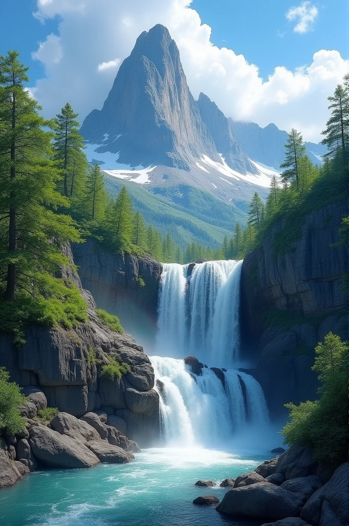 A beautiful waterfall coming down from a very high mountain
