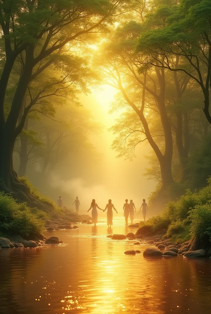 In heaven river of honey and thress and people with lights angelss