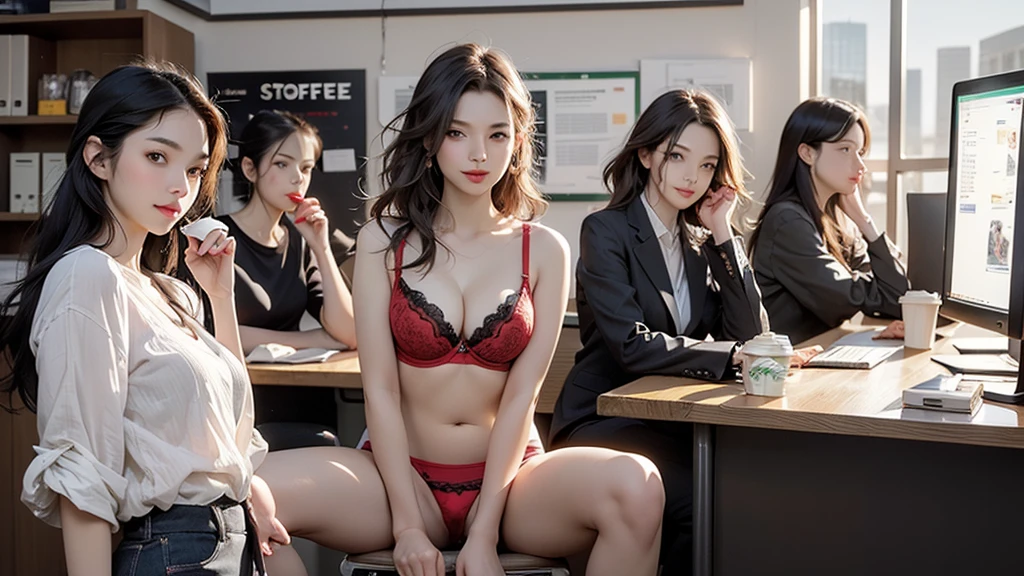 ((((((((((A company with many people working))))))))))
(((((((((((Drink Starbucks coffee)))))))))))
((((((((((Woman looking at a computer in an office))))))))))
((((((((((A woman sitting at a desk operating a computer.))))))))))
((((A woman wearing a blouse))))、
((((Woman in a miniskirt))))、
((((((((Full body photo))))))))
(((((((((Three Women)))))))))
(((((Emphasize cleavage)))))
(((((((((I see a red bra)))))))))
((((((((smile))))))))
8k、RAW Photos、Highest quality、masterpiece:1.2、Super detailed、Super Resolution、Ultra HD、8k wallpaper、Amazing details、Photorealistic:1.4、Full Body Shot、Full body photo、High-resolution RAW color photos、Professional photos、A scene full of emotion、Very detailed and beautiful、Ultra HD、8k wallpaper、Amazing details、Huge file sizes、Highly detailed beautiful girls、Highly detailed face Highly detailed eyes、Extremely realistic skin、 Highly detailed fingers, Highly detailed nose, Highly detailed mouth, Perfect Anatomy, Highly detailed background, Highly detailed clothing, , cute, Famous Japanese Idols, cute, Realistic body, Slender, White skin, Glowing Skin, Slim body, Realistic Face, Delicate eyes, double eyelid,