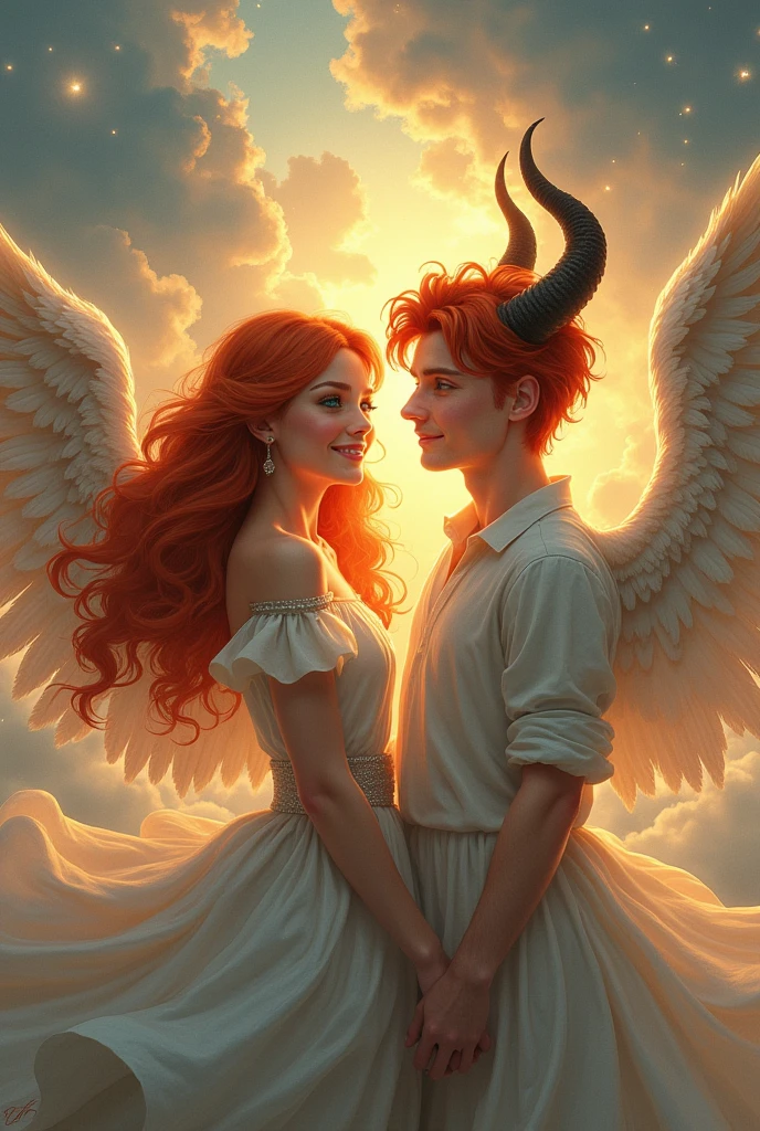 A red-haired angel with blue eyes and a handsome red-haired demon with green eyes, and they are siblings.