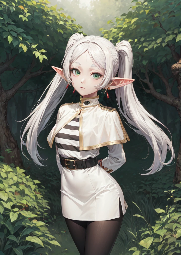 [FrierenBase], [Frieren], ((masterpiece)), ((HD)), ((High Res)), ((solo)), ((front view)), ((waist up)) ((detailed shading)), ((intricate details)), {(slim  figure), (smooth skin), (long white hair), (twintails), (elf ears), (curvy hips), (defined legs), (blank expression)}, {(earrings), (white capelet), (striped shirt), (horizontal stripes), (long sleeves), (brown belt), (white skirt), (gold-trim on skirt), (black pantyhose)}, {(arms behind back), (looking at viewer)}, [ambient lighting, outdoors, forest, sun rays]