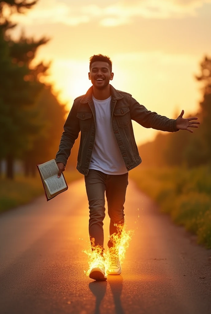 Young man on a road happy with a bible in his hand and his shoes on fire