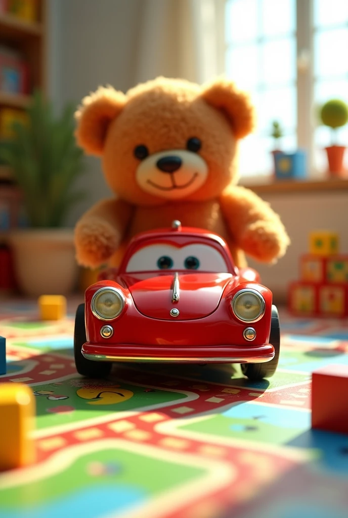 A toy car running away from the teddy bear