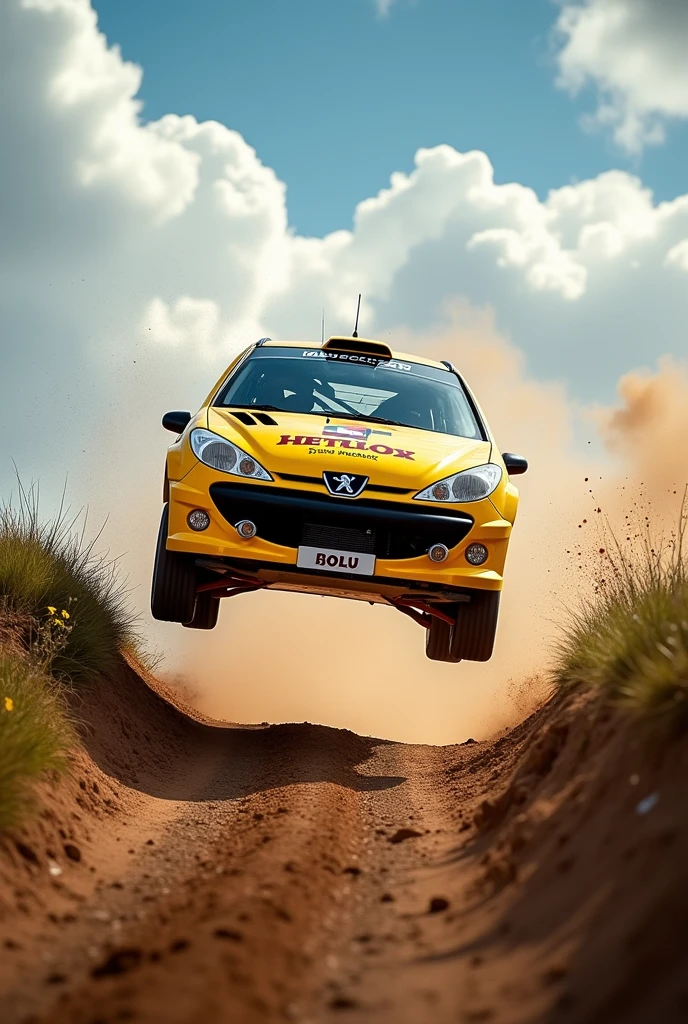 arafed yelloe pegot 206 rally car driving on dirt road with clouds in background, motorsports photography, rally driving photo, car jumping, dirt and grawel in air, rally car, car jump, off - road, leaping into the air, kicking up dirt, motor sport photography, vehicle photography, leaping, flying mud, action sports photography, action photography, trophy truck
