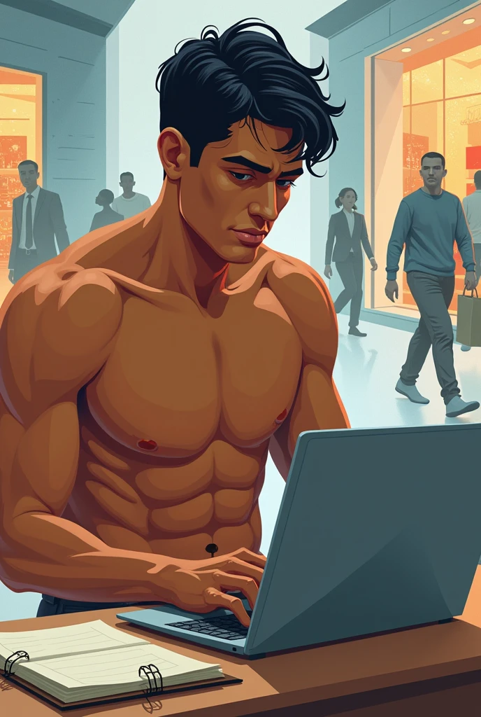 illustration that evoke stoicism men from 25 years old, shirtless, barefoot, strong, slim body Importance of Reason Style: Scientific realism, with a focus on detail and precision. Color palette: Cool, neutral tones (navy blue, gray, white) to convey clarity and objectivity. Expression: A concentrated and determined gaze, brow slightly furrowed in thought. Setting: A young strong handsomen cinnamon skin, typing on an orange laptop background you can see a see a window to see a stores, shopping center, people walking with bags