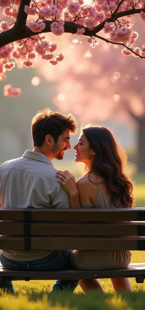An ultra-realistic and highly detailed image representing love. A young couple is sitting on a park bench under a blooming cherry blossom tree. The man is gently holding the woman's hand, and they are both smiling softly at each other. The scene is bathed in the warm, golden light of a sunset. The background is slightly blurred with a bokeh effect, focusing attention on the couple. The image is captured with a Fujifilm X-T4 paired with a 56mm f/1.2 R lens, ensuring stunning clarity and rich colors. The aspect ratio is 9:19, emphasizing the vertical composition