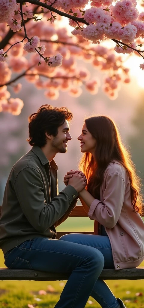 An ultra-realistic and highly detailed image representing love. A young couple is sitting on a park bench under a blooming cherry blossom tree. The man is gently holding the woman's hand, and they are both smiling softly at each other. The scene is bathed in the warm, golden light of a sunset. The background is slightly blurred with a bokeh effect, focusing attention on the couple. The image is captured with a Fujifilm X-T4 paired with a 56mm f/1.2 R lens, ensuring stunning clarity and rich colors. The aspect ratio is 9:19, emphasizing the vertical composition