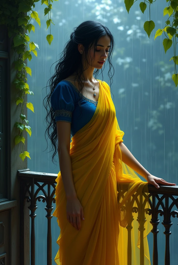 
**"Create a illutrastive or digital painting of a serene scene where a beautiful fairy tale princess ( woman ) (anime) stands on a balcony in the rain. She is dressed in a traditional YELLOW saree with a blue blouse, and her long black hair is wet from the rain. The balcony has ornate wrought-iron railings, and behind her, strings of leaves hang, slightly wet from the downpour. A dim light glows softly in the background, adding to the melancholic yet peaceful atmosphere of the night. The overall color palette is muted and dark, with emphasis on the contrast between the woman's white saree and the dark rainy night."**

