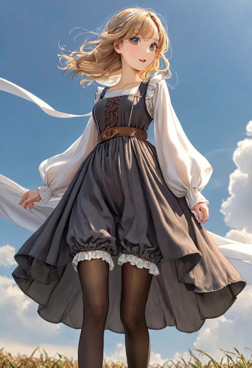 Underwear, Kind Face, Long bloomers made of cotton fabric with a handle., Medieval one-piece dress with panniers, Fabric Realism, Low Angle, You can see the drawer, Pull up the dress by hand,  Strong winds, Translucent slip, Translucent slip, tights, Highest quality, Crotch close-up, whole body
