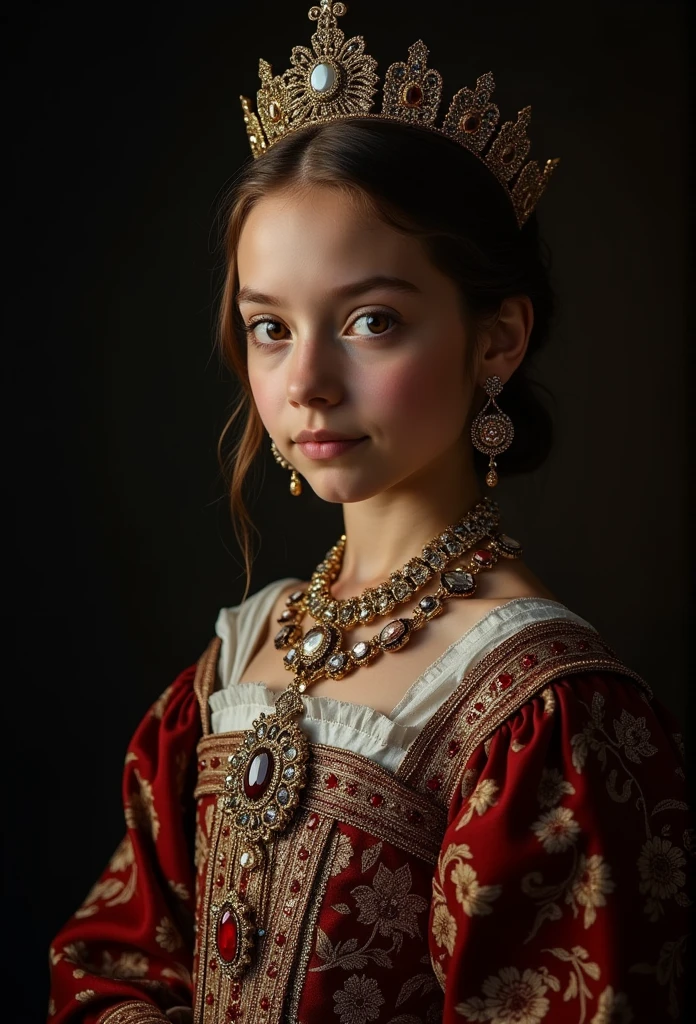 European and American court style,Girl covered in jewelry,Dress up in medieval retro fashion,The background is very dark,Rendered as a bust,The picture ratio is HD 9:16。
