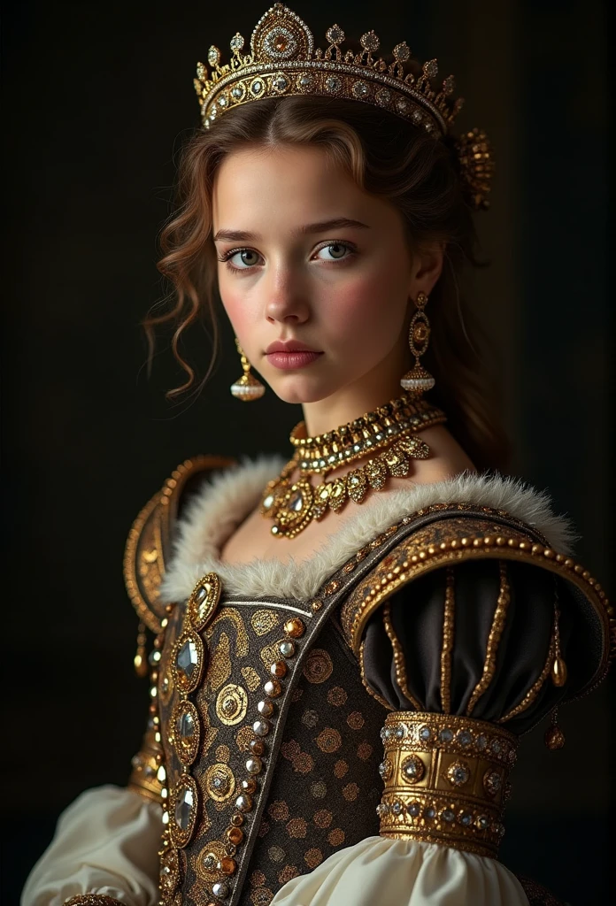 European and American court style,Girl covered in jewelry,Dress up in medieval retro fashion,The background is very dark,Rendered as a bust,The picture ratio is HD 9:16。