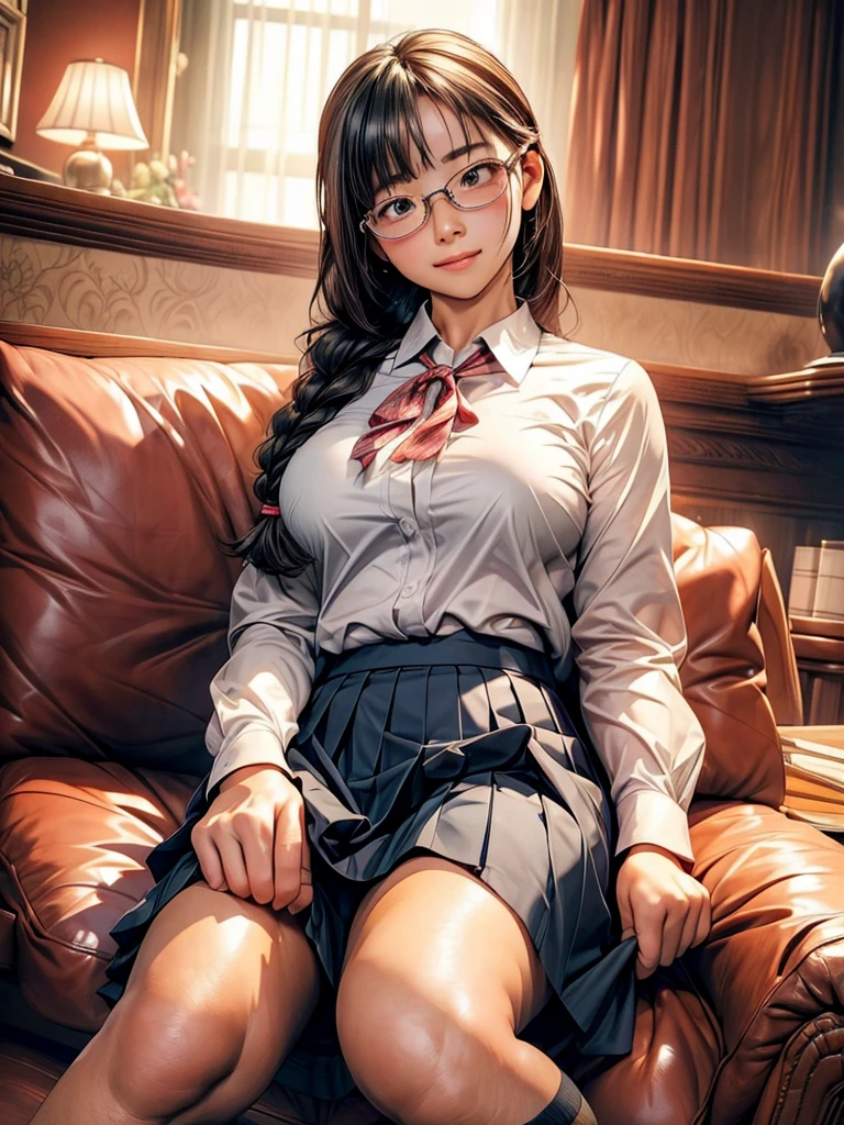 Highest quality、masterpiece、Looking at me with a smile、Anatomically correct、Short、Slightly larger breasts、whole body、Tight business shirt、Short pleated skirt、(Tight jacket)、Ribbon at neck、A school uniform that accentuates the lines of a high school girl's body、(Braid)、Glasses、(Sitting on the hotel sofa with knees bent.:1.4)、(Spread your legs wide:1.2)、(Lifting her skirt to show her vagina:1.2)、(Erect nipples)