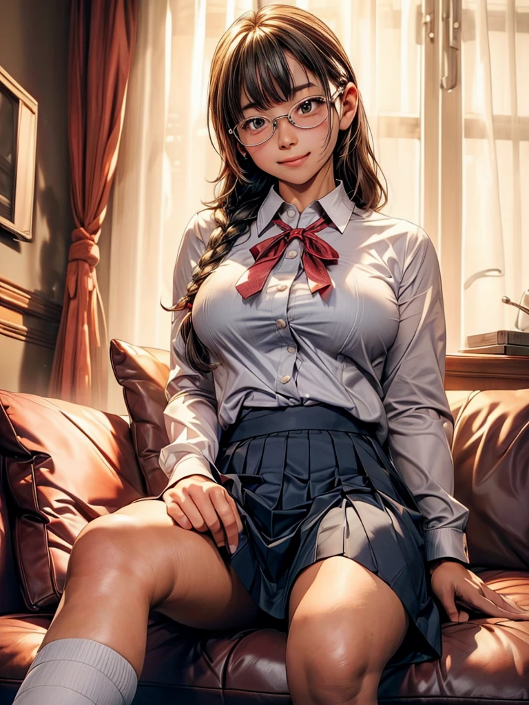 Highest quality、masterpiece、Looking at me with a smile、Anatomically correct、Short、Slightly larger breasts、whole body、Tight business shirt、Short pleated skirt、(Tight jacket)、Ribbon at neck、A school uniform that accentuates the lines of a high school girl's body、(Braid)、Glasses、(Sitting on the hotel sofa with knees bent.:1.4)、(Spread your legs wide:1.2)、(Lifting her skirt to show her vagina:1.2)、(Erect nipples)