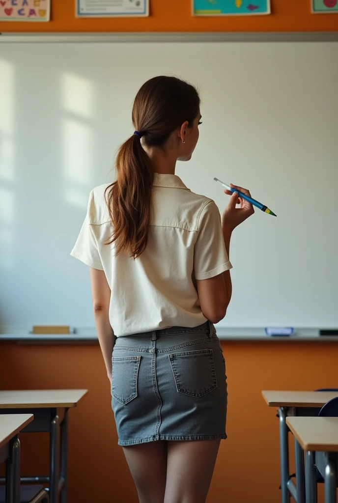 A stunning back view photograph of a young, stylish teacher standing in front of a whiteboard. She is writing with a colorful marker, displaying her casual shirt and flattering pencil skirt. The lighting creates an interesting play of shadows, emphasizing her guitar-like figure while highlighting her curves. The classroom setting in the background evokes a sense of professionalism and warmth.