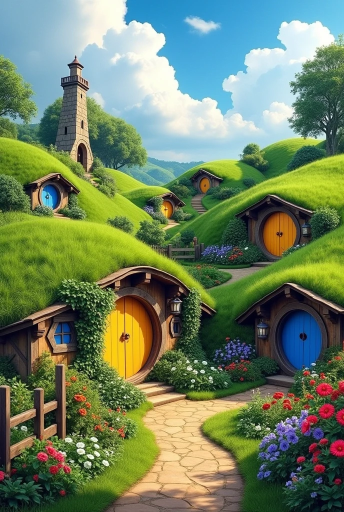 hobbit village, (homes built into the side of a hill, round doors), fences around homes, pig pens, gardens, flowers near door