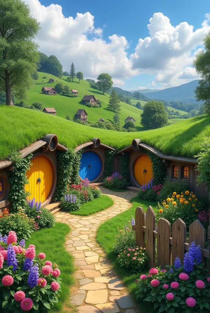 hobbit village, (homes built into the side of a hill, round doors), fences around homes, pig pens, gardens, flowers near door