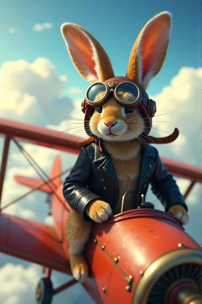 a rabbit in a leather jacket, helmet and wearing glasses on the eye , flying on an old 19s biplane