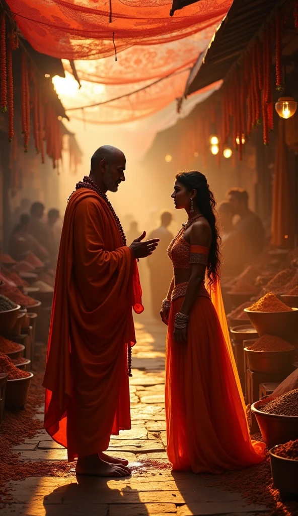 The sadhu encounters a courteasan in a vibrant and slightly extravagant setting, with an inviting yet mysterious ambiance