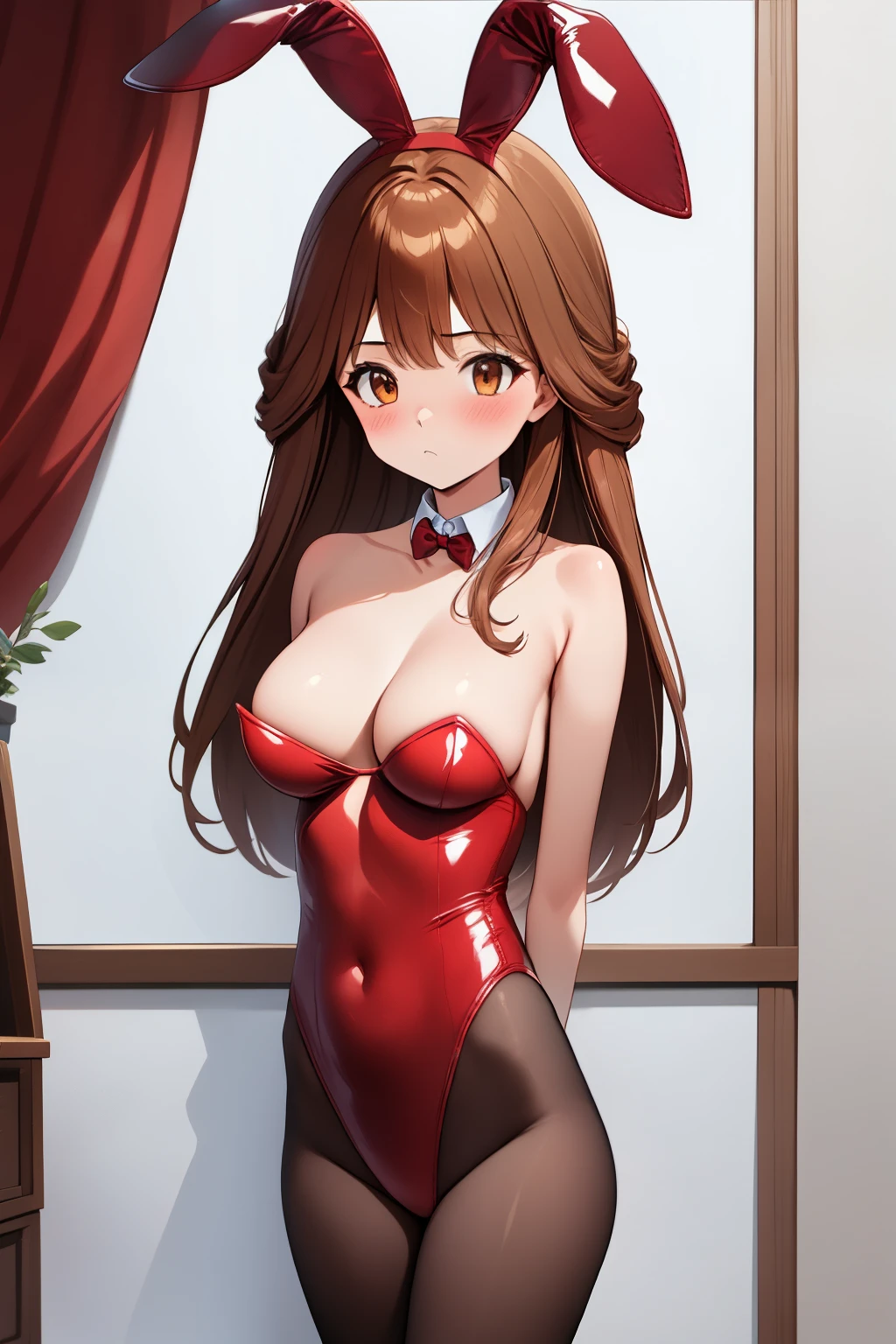 (masterpiece), (top-quality), (hight resolution), (cowboy shot, standing), (kawai iyona), (1girl), brown eyes, brown hair, long hair, (tareme:2.0, blush:1.5), (medium breast), collarbone, (Red Playboy Bunny, Shiny), (red fake bunny ears), (Black Pantyhose), (Red High Heels), (standing), (cowboy shot), indoor, NSFW,