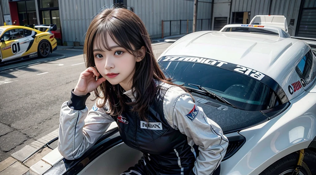 A woman wearing a racing suit、Sitting on the hood of a racing car in the pit、Holding a tool。Background、The vibrant pit lights reflect、The oil gleams beautifully。The woman has a concentrated expression、Her professional side as a mechanic and、She possesses feminine grace。