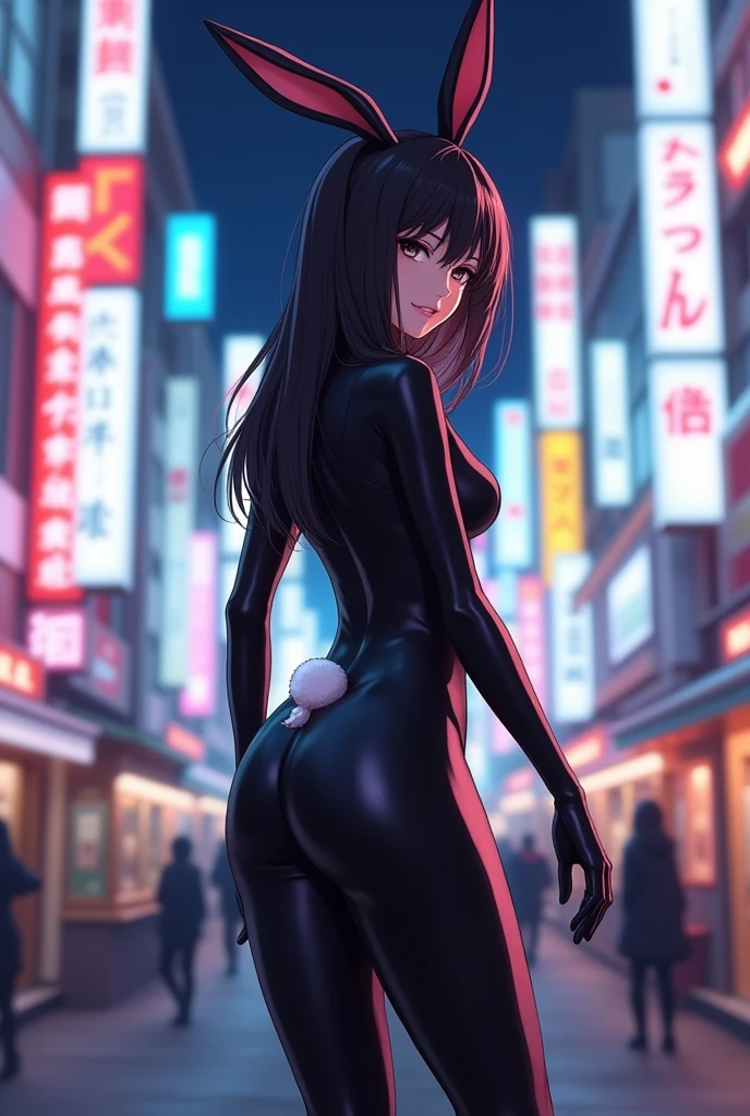 Masterpiece, Beautiful art, professional artist, 8k, shy expression, very detailed face,1 girl, view from behind, perfect ass, standing, walking down the street, BIG BREASTS, perfectly drawn body, pale skin, seductive expression, loving smile, beautiful face, black hair short ponytail, 4k eyes, very detailed eyes, pink cheeks, (shiny black tight bodysuit), Sensual Lips, show details in the eyes, City, at night