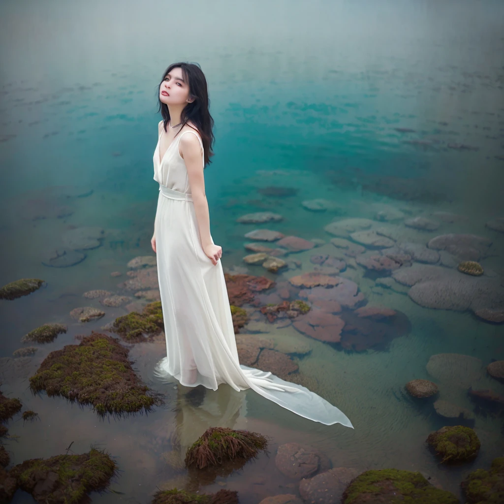 Arafed woman dressed in white standing in shallow water, inspired by Elsa Bleda, a stunning young ethereal figure, a still of an ethereal, inspired by Nell Dorr, many Merlot, very ethereal, inspired by William Stott, inspired by Irakli Nadar, young woman infp, Ethereal beauty, inspired by Oleg Oprisco