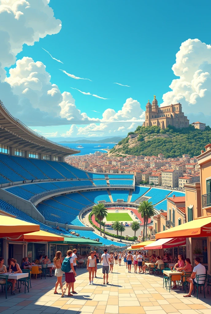 View of the Stade Vélodrome and Notre Dame de la Garde in Marseille drawn in manga style