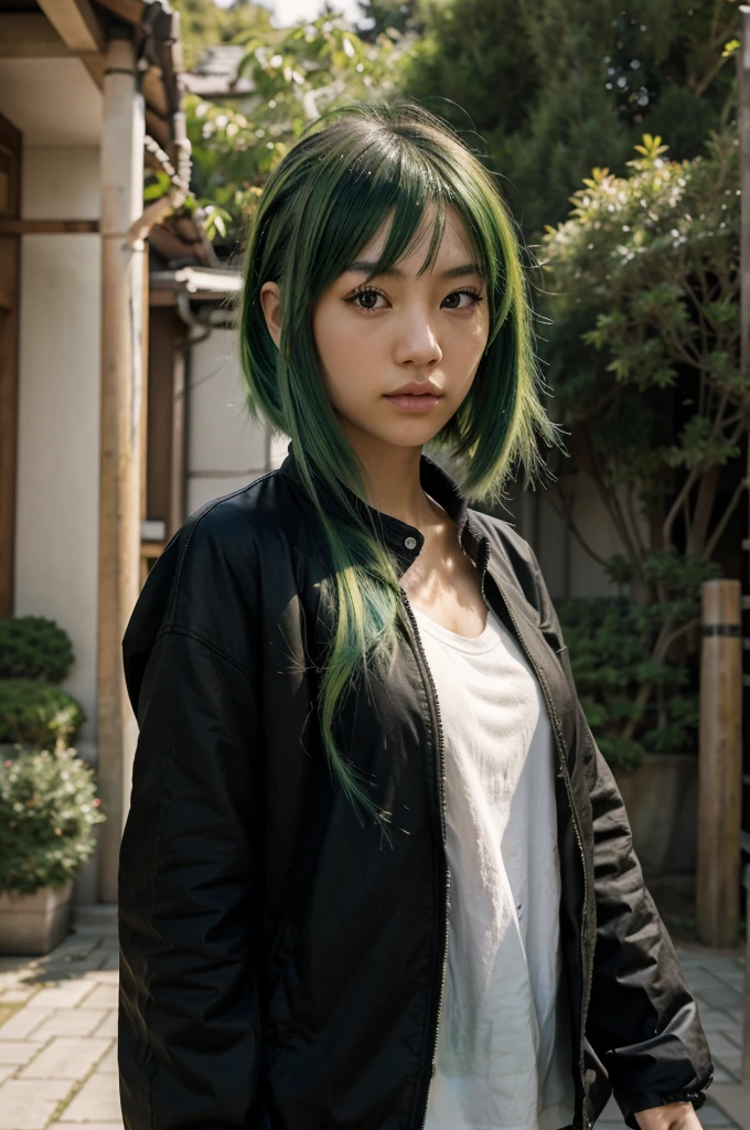 Japanese girl with green hair,in a black jacket, realistic, realism, high-quality images, straight photo, real background. 