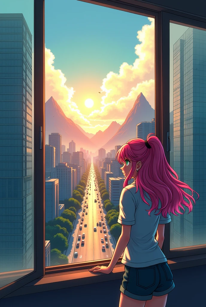 Morning modern city view from window of 1st floor building with mountains in the background manga