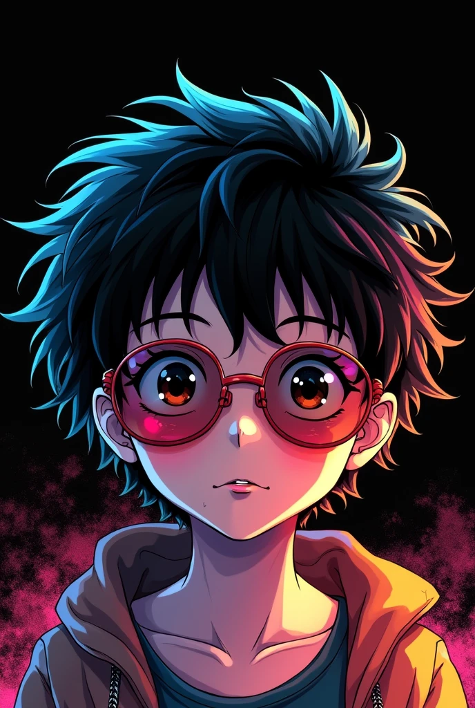 (boy wearing a sunglasses on a black color background), akira, anime, anime akira, retro anime, 80s anime, 90s anime, lofi, lo-fi