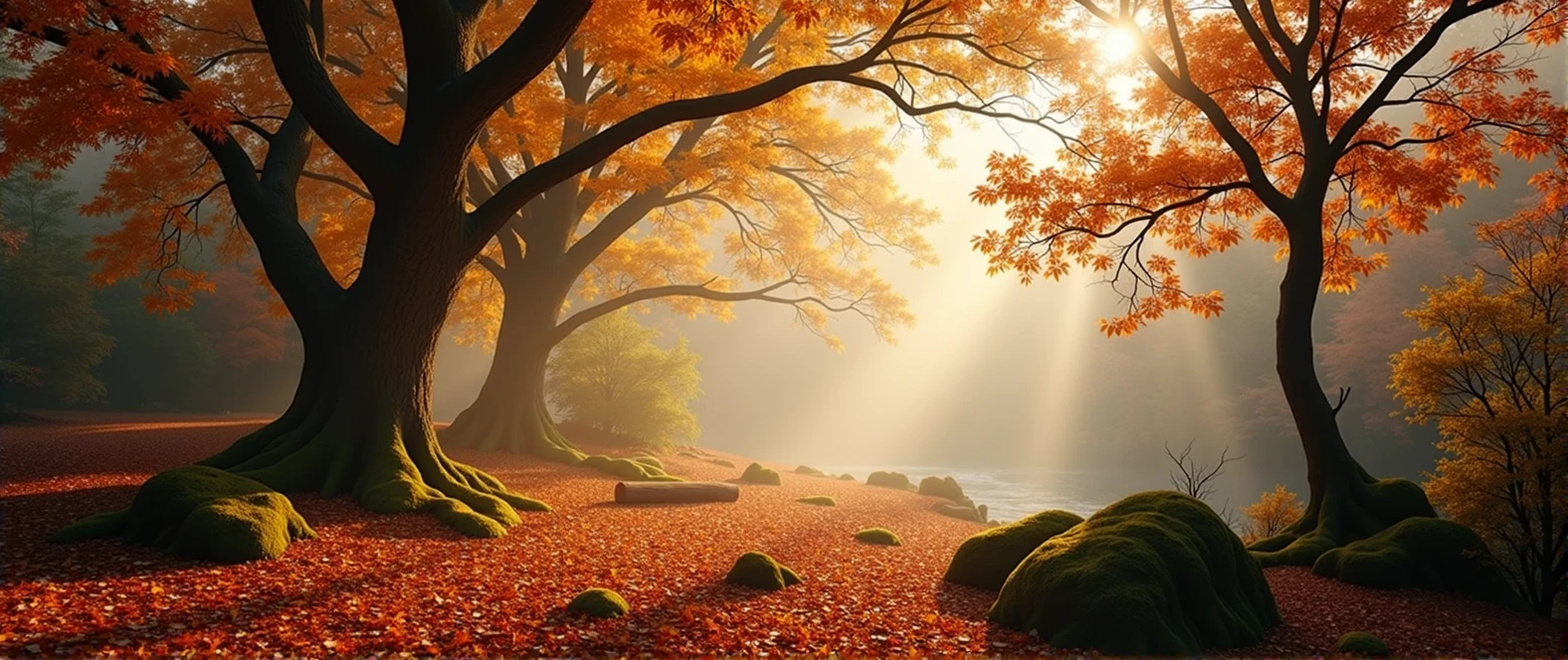best quality,Super detailed,actual,landscape,autumn,beautiful warm tones,sunlight streaming through the woods,vibrant leaves,peaceful atmosphere,fresh air,subtle mist,fallen leaves covering the ground,Sunlight shines through the tree canopy,dappled light,Quiet silence,Sturdy trunk,Majestic branches reaching toward the sky,layers of leaves gently floating in the air,delicate autumn leaf dancing in the wind,richly textured bark,Lovely orange tones,Red,Golden yellow,a colorful tapestry of leaves carpeting the forest floor,the whispering rustle of leaves,moss-coveRed rocks and fallen logs,golden hour lights,Peaceful and quiet atmosphere.