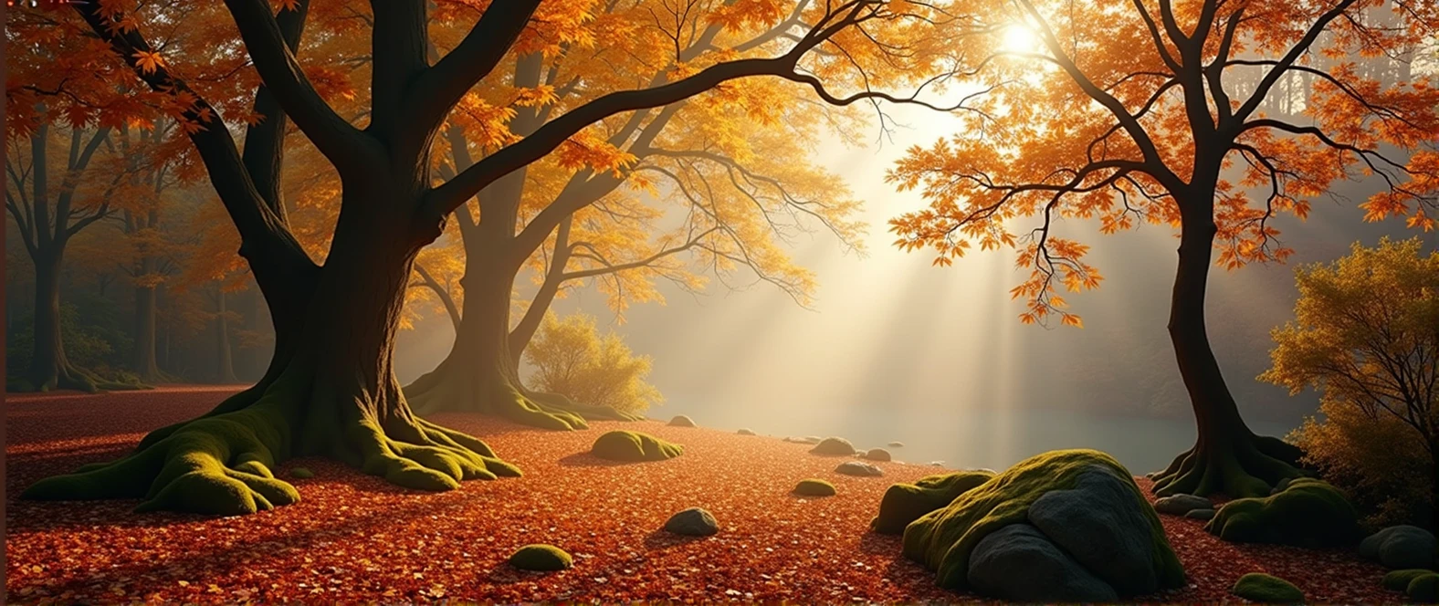 best quality,Super detailed,actual,landscape,autumn,beautiful warm tones,sunlight streaming through the woods,vibrant leaves,peaceful atmosphere,fresh air,subtle mist,fallen leaves covering the ground,Sunlight shines through the tree canopy,dappled light,Quiet silence,Sturdy trunk,Majestic branches reaching toward the sky,layers of leaves gently floating in the air,delicate autumn leaf dancing in the wind,richly textured bark,Lovely orange tones,Red,Golden yellow,a colorful tapestry of leaves carpeting the forest floor,the whispering rustle of leaves,moss-coveRed rocks and fallen logs,golden hour lights,Peaceful and quiet atmosphere.