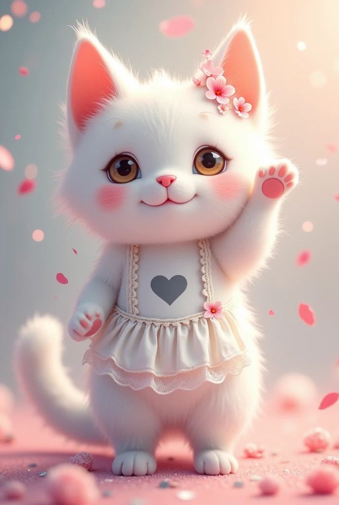 very cute slender white female cat, pink flowers on her ears, standing and waving, grey heart mark on her belly, lace apron from the waist down, grey tail, fluffy effect in pastel colors, glitter effect
