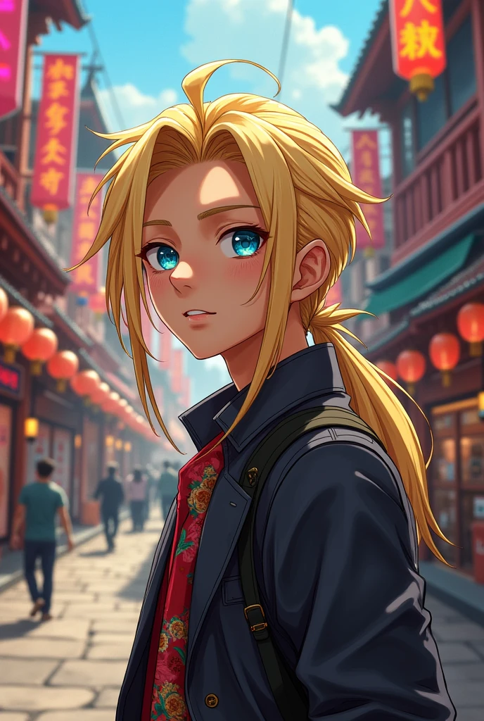 
Man with long blond hair and blue eyes, short stature, Japanese appearance